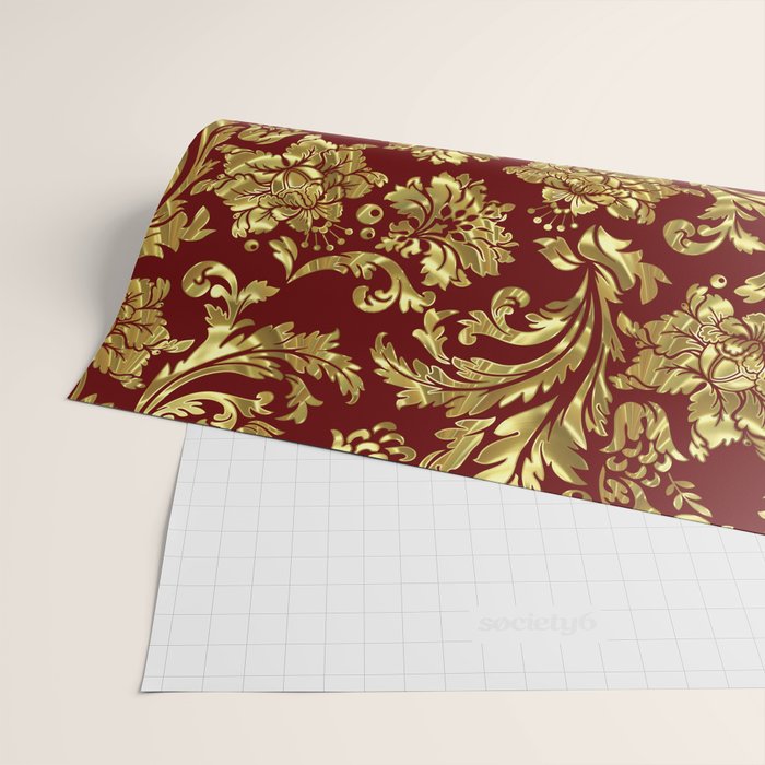 Red & Gold Floral Damasks Pattern Wrapping Paper Gallery Image 2