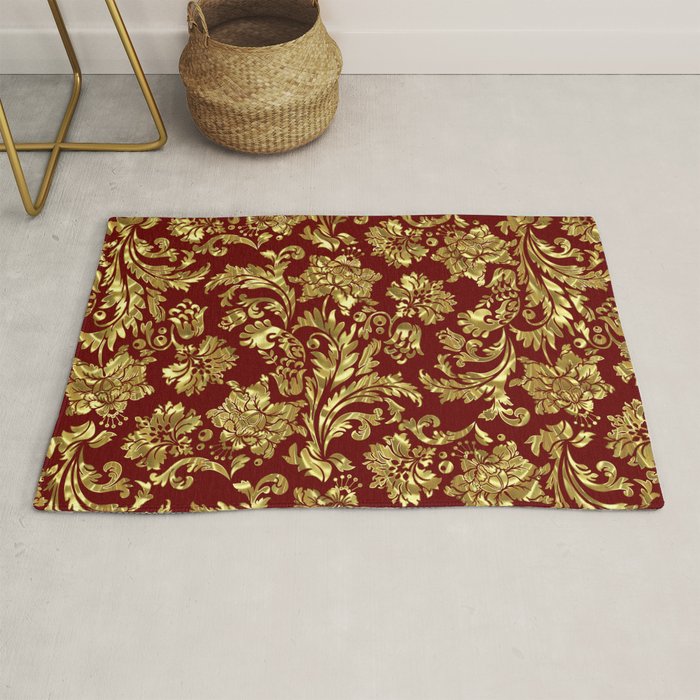 Red & Gold Floral Damasks Pattern Rug Gallery Image 1