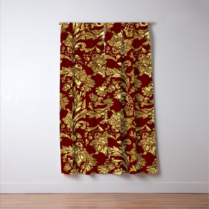 Red & Gold Floral Damasks Pattern Window Curtain Gallery Image 3