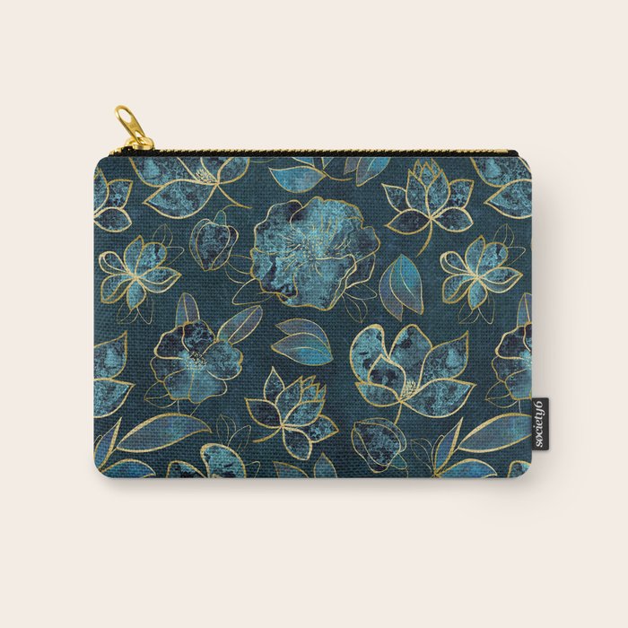 Elegant And Fancy Fantasy Flower Pattern In Turquoise And Gold Carry All Pouch Gallery Image 1