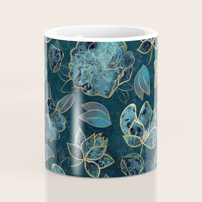 Elegant And Fancy Fantasy Flower Pattern In Turquoise And Gold Coffee Mug Gallery Image 4