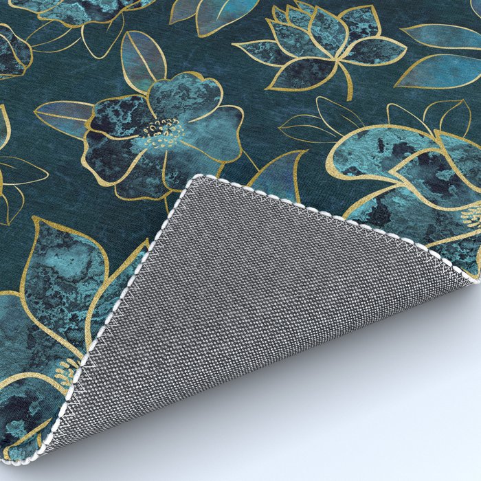 Elegant And Fancy Fantasy Flower Pattern In Turquoise And Gold Rug Gallery Image 4