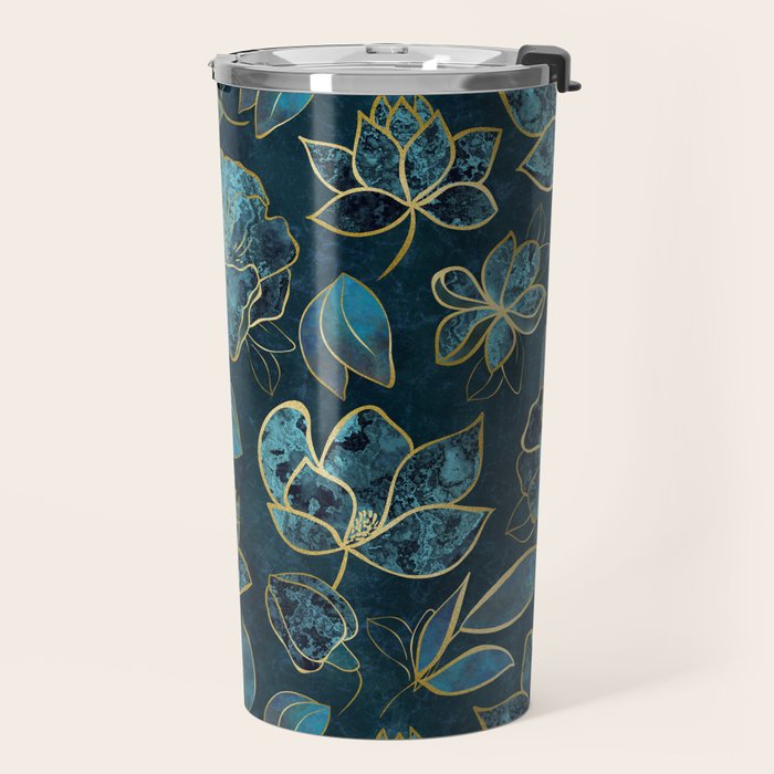 Elegant And Fancy Fantasy Flower Pattern In Turquoise And Gold Travel Mug Gallery Image 2