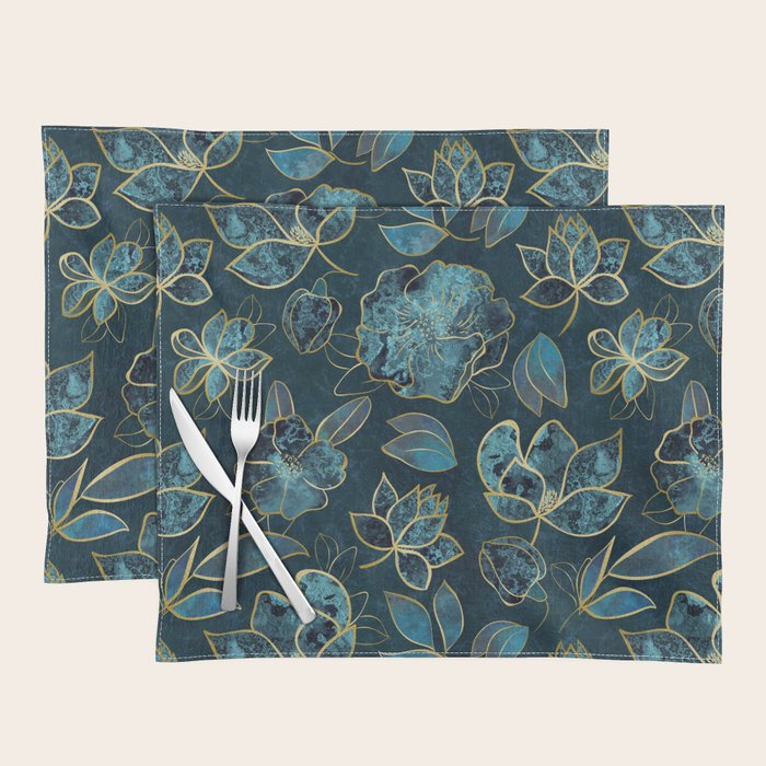 Elegant And Fancy Fantasy Flower Pattern In Turquoise And Gold Placemat Gallery Image 1