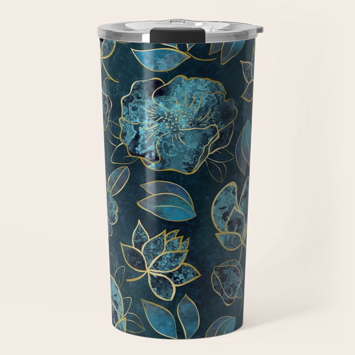 Elegant And Fancy Fantasy Flower Pattern In Turquoise And Gold Travel Mug Gallery Image 1