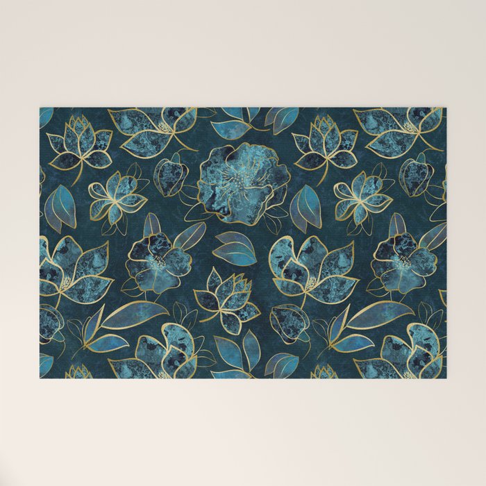 Elegant And Fancy Fantasy Flower Pattern In Turquoise And Gold Welcome Mat Gallery Image 1