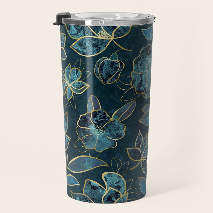 Elegant And Fancy Fantasy Flower Pattern In Turquoise And Gold Travel Mug Gallery Image 3