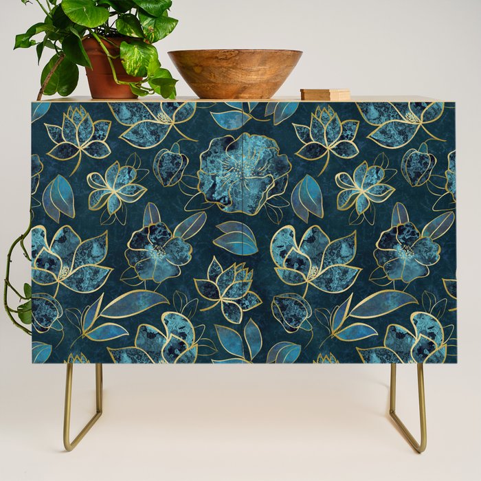 Elegant And Fancy Fantasy Flower Pattern In Turquoise And Gold Credenza Gallery Image 1