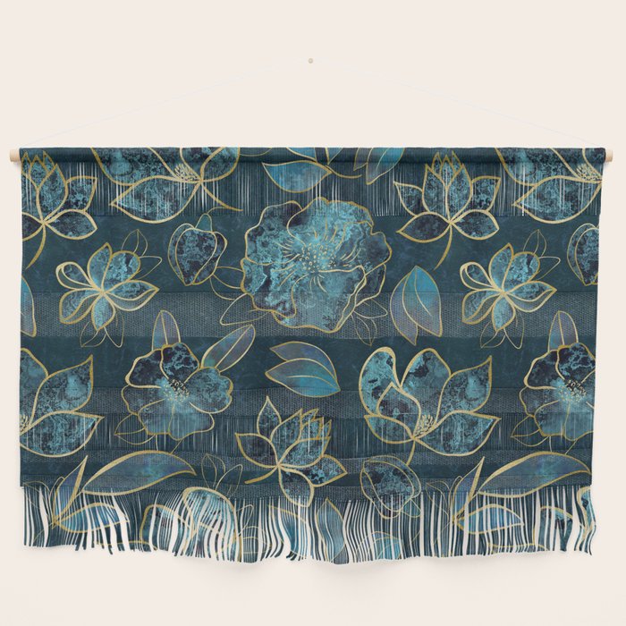 Elegant And Fancy Fantasy Flower Pattern In Turquoise And Gold Wall Hanging Gallery Image 1