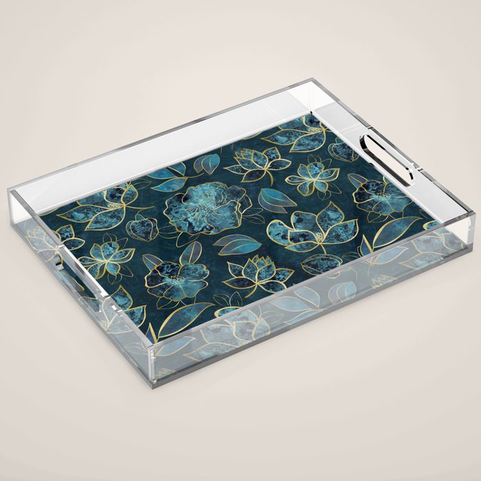 Elegant And Fancy Fantasy Flower Pattern In Turquoise And Gold Acrylic Tray Gallery Image 1