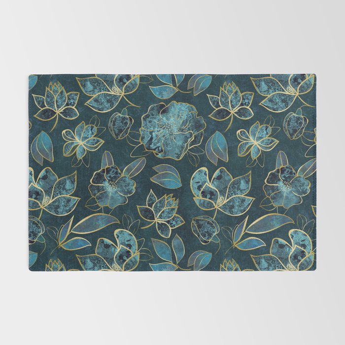 Elegant And Fancy Fantasy Flower Pattern In Turquoise And Gold Rug Gallery Image 2