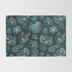 Elegant And Fancy Fantasy Flower Pattern In Turquoise And Gold Rug Gallery Image 2
