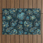 Elegant And Fancy Fantasy Flower Pattern In Turquoise And Gold Outdoor Rug Gallery Image 1