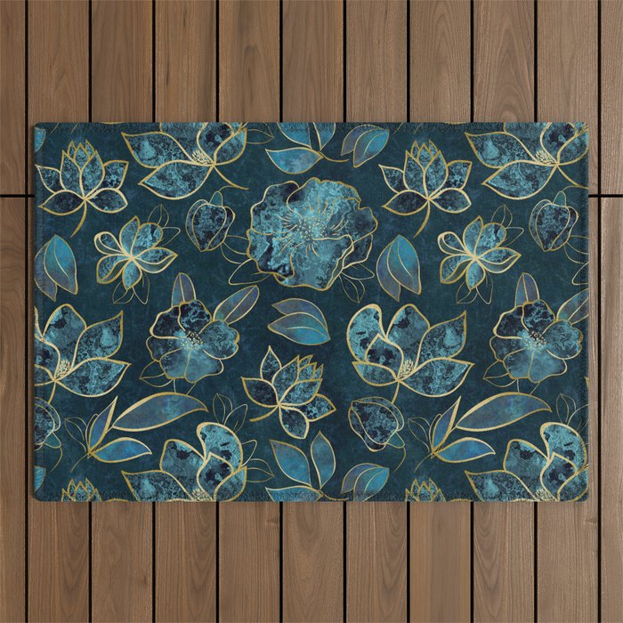 Elegant And Fancy Fantasy Flower Pattern In Turquoise And Gold Outdoor Rug Gallery Image 1
