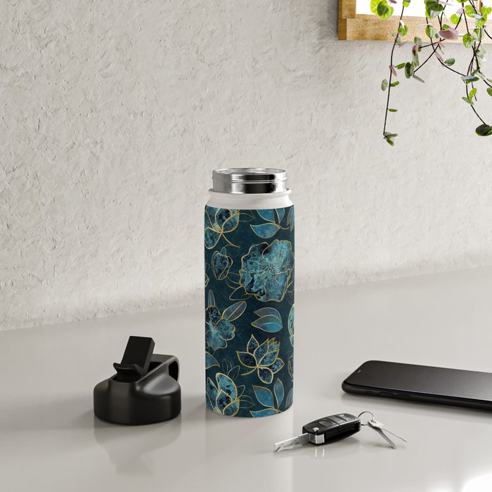 Elegant And Fancy Fantasy Flower Pattern In Turquoise And Gold Water Bottle Gallery Image 4