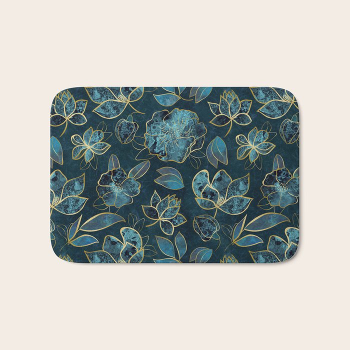 Elegant And Fancy Fantasy Flower Pattern In Turquoise And Gold Bath Mat Gallery Image 1