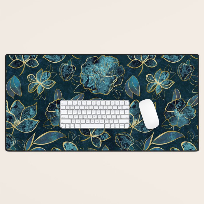 Elegant And Fancy Fantasy Flower Pattern In Turquoise And Gold Desk Mat Gallery Image 1