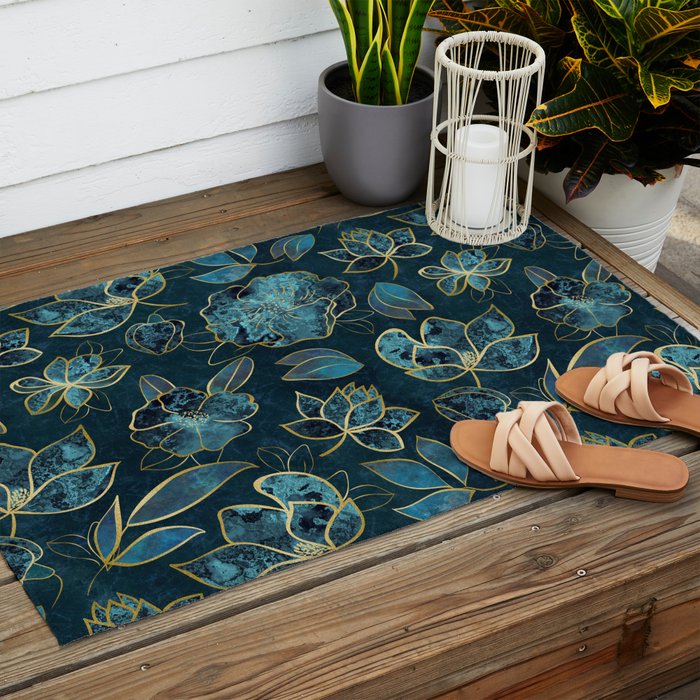 Elegant And Fancy Fantasy Flower Pattern In Turquoise And Gold Outdoor Rug Gallery Image 2