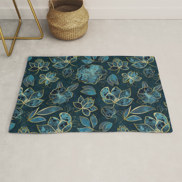 Elegant And Fancy Fantasy Flower Pattern In Turquoise And Gold Rug Gallery Image 1