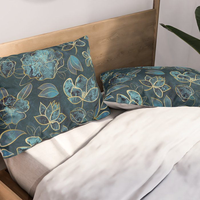 Elegant And Fancy Fantasy Flower Pattern In Turquoise And Gold Pillow Sham Gallery Image 2