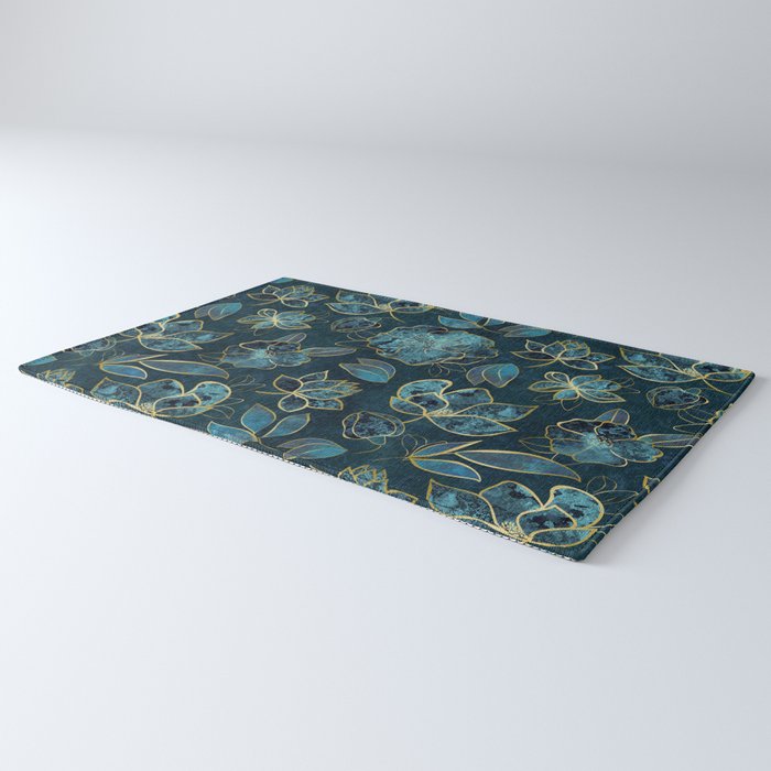 Elegant And Fancy Fantasy Flower Pattern In Turquoise And Gold Rug Gallery Image 3