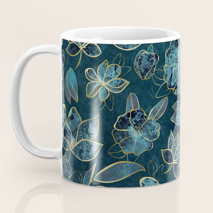 Elegant And Fancy Fantasy Flower Pattern In Turquoise And Gold Coffee Mug Gallery Image 3