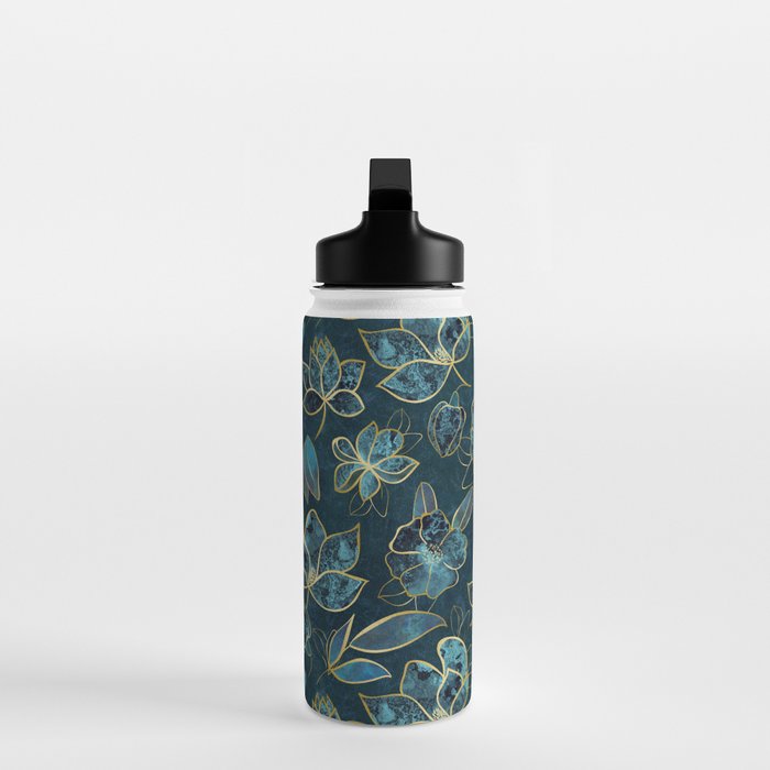 Elegant And Fancy Fantasy Flower Pattern In Turquoise And Gold Water Bottle Gallery Image 3