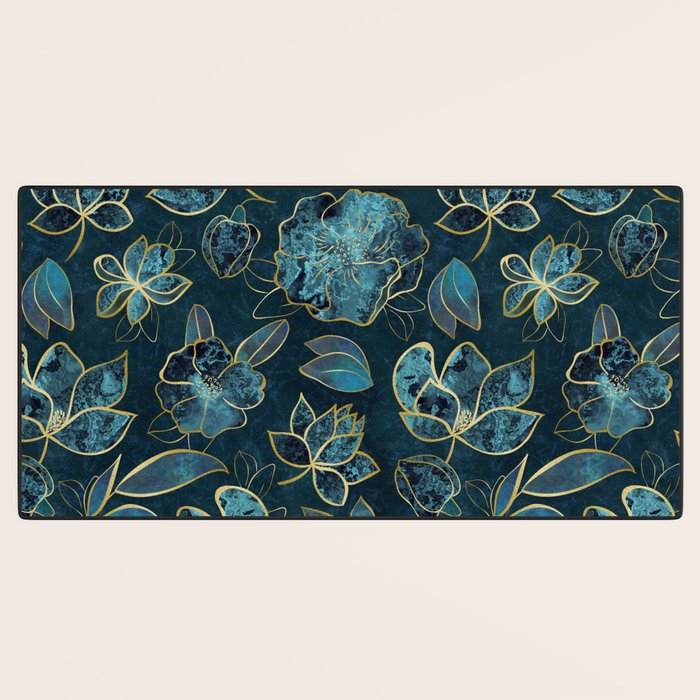 Elegant And Fancy Fantasy Flower Pattern In Turquoise And Gold Desk Mat Gallery Image 3