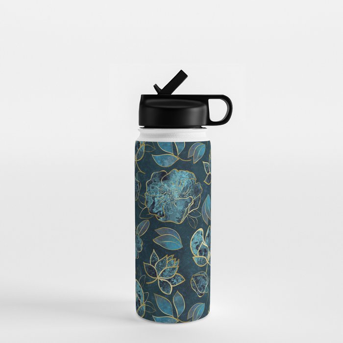 Elegant And Fancy Fantasy Flower Pattern In Turquoise And Gold Water Bottle Gallery Image 1