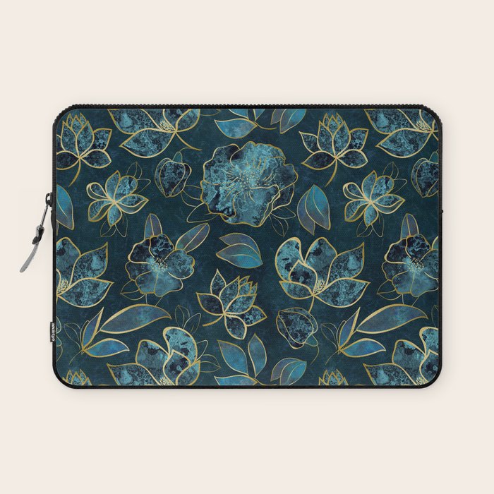 Elegant And Fancy Fantasy Flower Pattern In Turquoise And Gold Laptop Sleeve Gallery Image 1