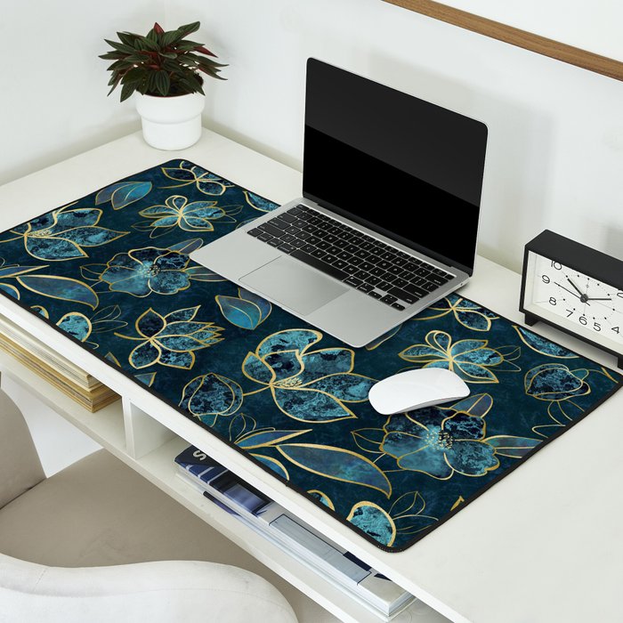 Elegant And Fancy Fantasy Flower Pattern In Turquoise And Gold Desk Mat Gallery Image 2