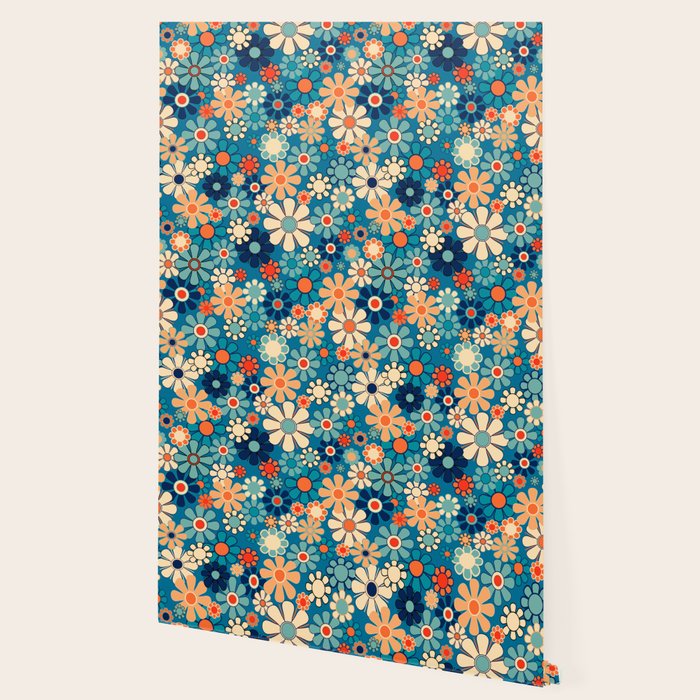 Groovy Blue Retro Garden 60s 70s Aesthetic Floral Pattern with Orange Wallpaper Gallery Image 2