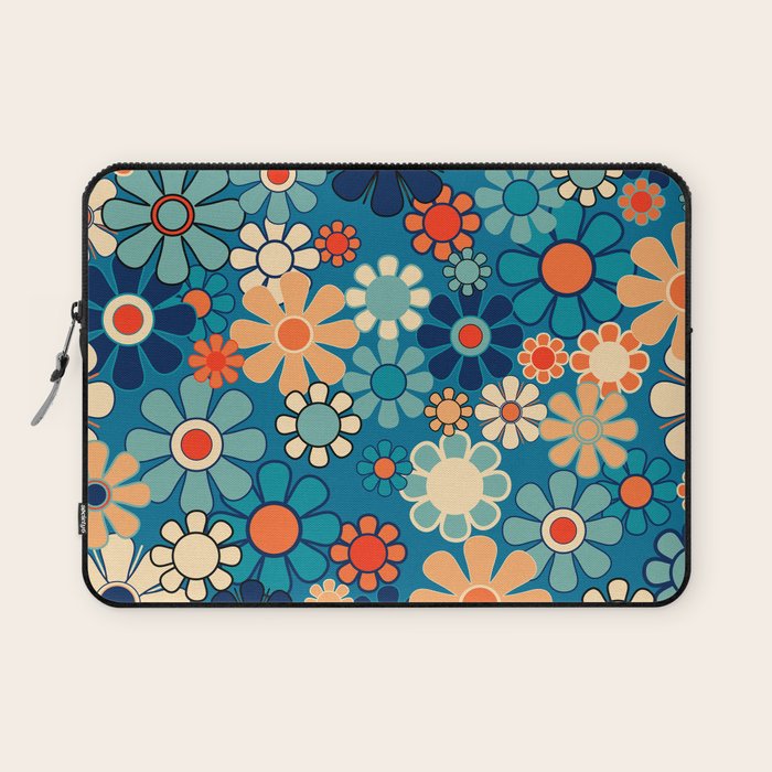 Groovy Blue Retro Garden 60s 70s Aesthetic Floral Pattern with Orange Laptop Sleeve Gallery Image 1