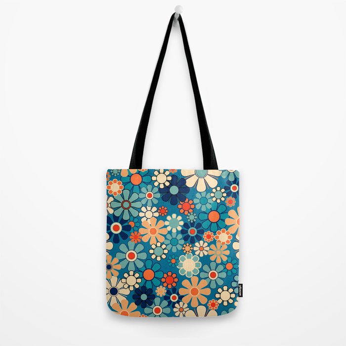 Groovy Blue Retro Garden 60s 70s Aesthetic Floral Pattern with Orange Tote Bag Gallery Image 2