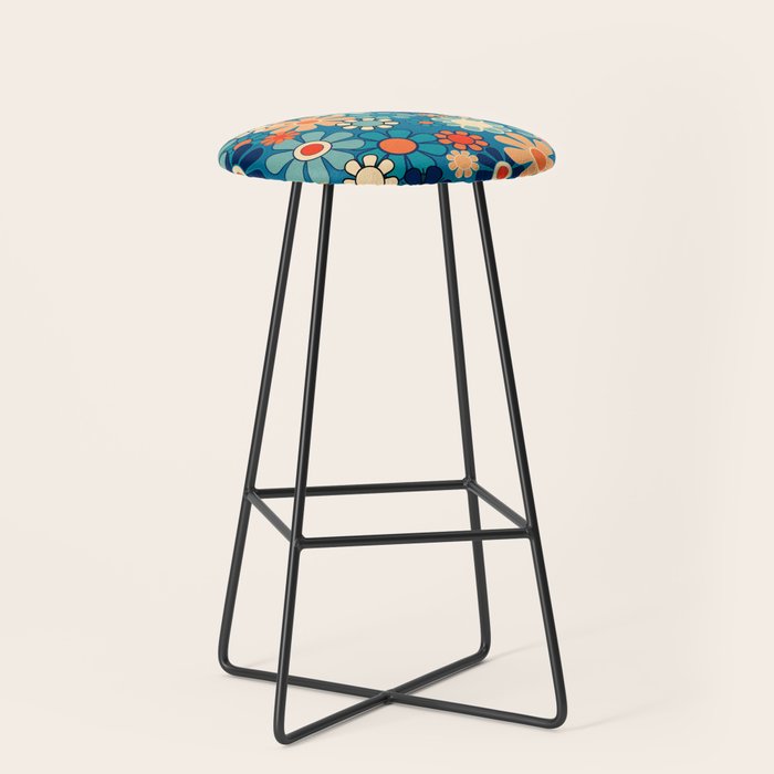 Groovy Blue Retro Garden 60s 70s Aesthetic Floral Pattern with Orange Stool Gallery Image 1