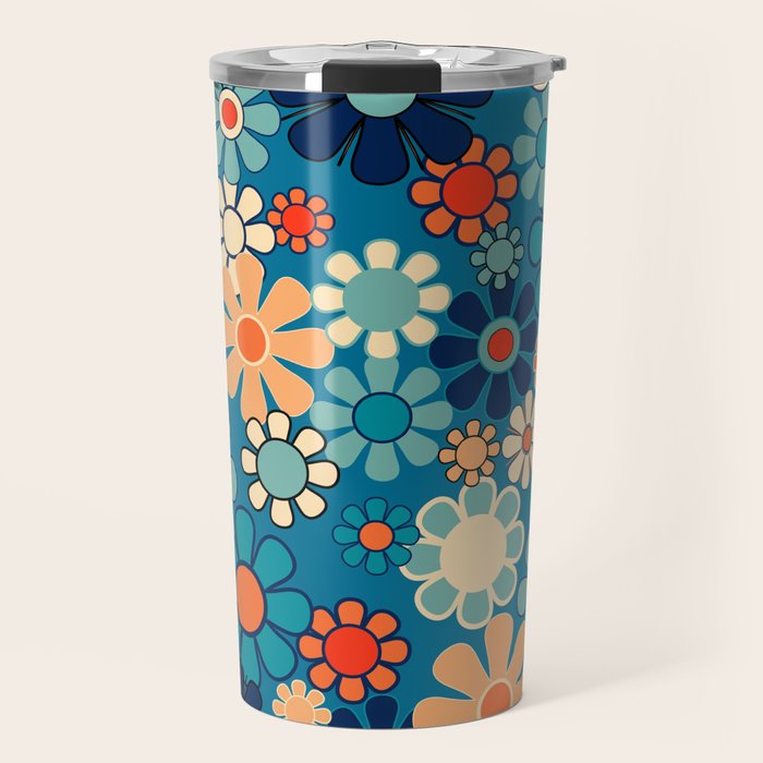 Groovy Blue Retro Garden 60s 70s Aesthetic Floral Pattern with Orange Travel Mug Gallery Image 1
