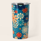 Groovy Blue Retro Garden 60s 70s Aesthetic Floral Pattern with Orange Travel Mug Gallery Image 1