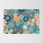Groovy Blue Retro Garden 60s 70s Aesthetic Floral Pattern with Orange Rug Gallery Image 2