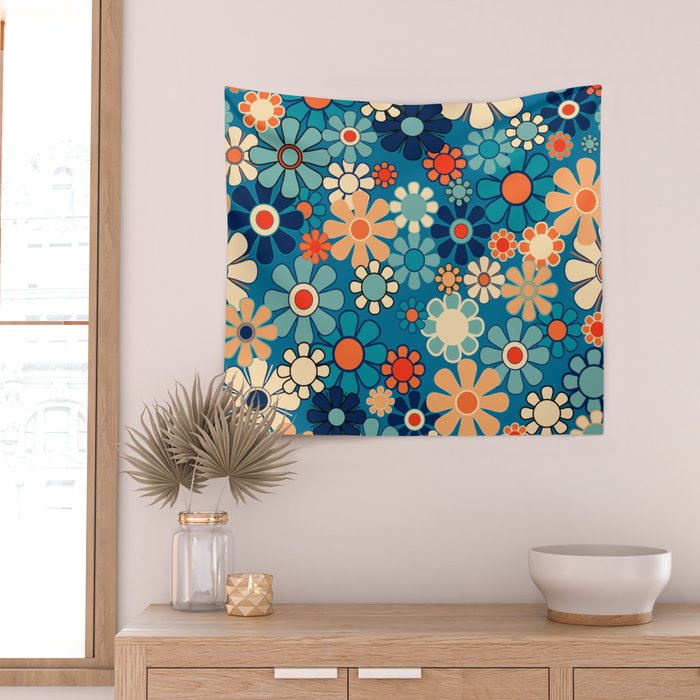 Groovy Blue Retro Garden 60s 70s Aesthetic Floral Pattern with Orange Wall Tapestry Gallery Image 2