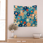 Groovy Blue Retro Garden 60s 70s Aesthetic Floral Pattern with Orange Wall Tapestry Gallery Image 2