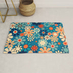 Groovy Blue Retro Garden 60s 70s Aesthetic Floral Pattern with Orange Rug Gallery Image 1