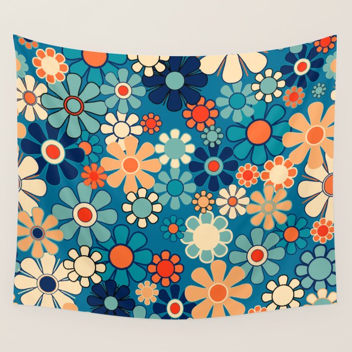 Groovy Blue Retro Garden 60s 70s Aesthetic Floral Pattern with Orange Wall Tapestry Gallery Image 1