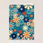 Groovy Blue Retro Garden 60s 70s Aesthetic Floral Pattern with Orange Stationery Card Gallery Image 2
