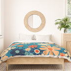 Groovy Blue Retro Garden 60s 70s Aesthetic Floral Pattern with Orange Duvet Cover Gallery Image 3