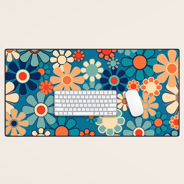 Groovy Blue Retro Garden 60s 70s Aesthetic Floral Pattern with Orange Desk Mat Gallery Image 1