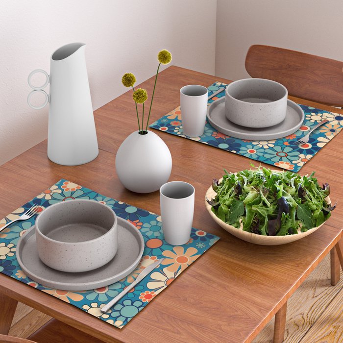 Groovy Blue Retro Garden 60s 70s Aesthetic Floral Pattern with Orange Placemat Gallery Image 2