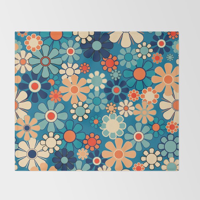 Groovy Blue Retro Garden 60s 70s Aesthetic Floral Pattern with Orange Throw Blanket Gallery Image 2