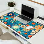Groovy Blue Retro Garden 60s 70s Aesthetic Floral Pattern with Orange Desk Mat Gallery Image 2