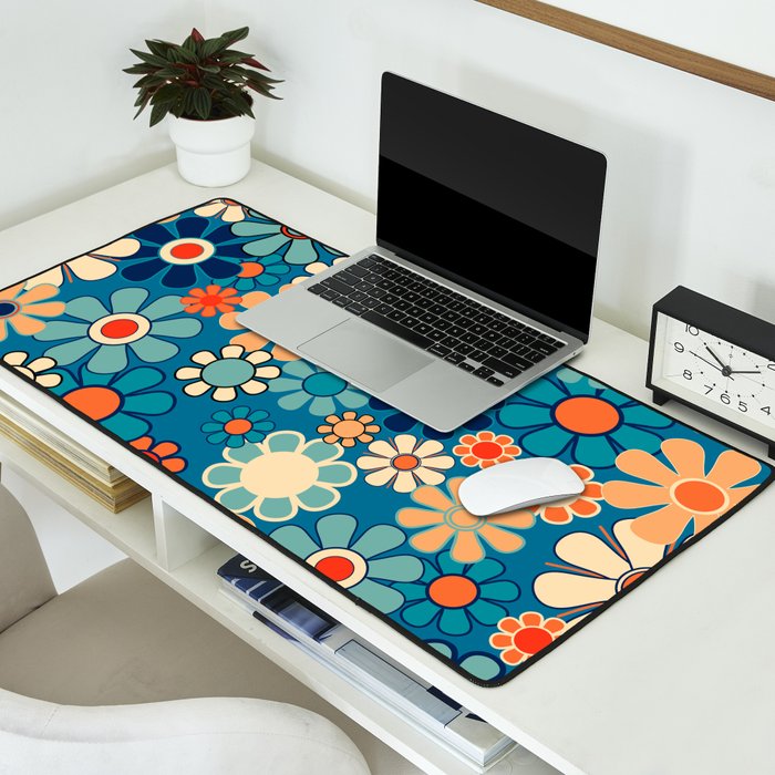 Groovy Blue Retro Garden 60s 70s Aesthetic Floral Pattern with Orange Desk Mat Gallery Image 2