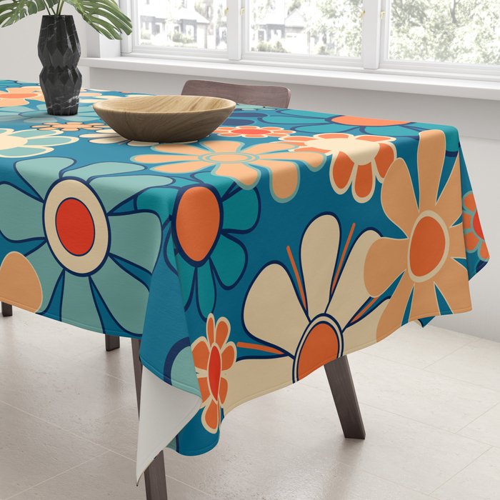 Groovy Blue Retro Garden 60s 70s Aesthetic Floral Pattern with Orange Tablecloth Gallery Image 3